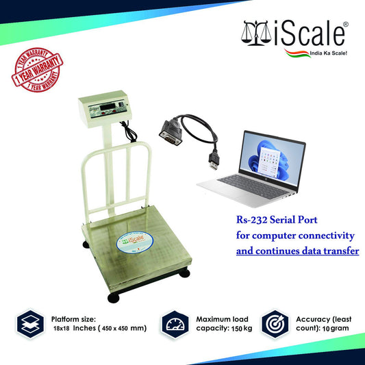 iScale ISP-150S Capacity 150kg x 20g Accuracy,Electronic Weighing Scale with Front Back Double Display, SS Pan,18x18" with RS232 Serial port for computer connectivity & continues data transmission