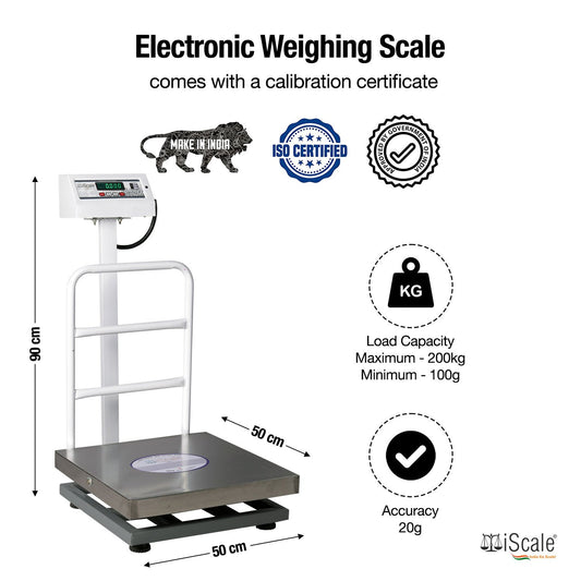 iScale ISP-200S, 200kg x 20g platform scale, 500x500mm SS Pan, Front & Back Green Display, Chargeable