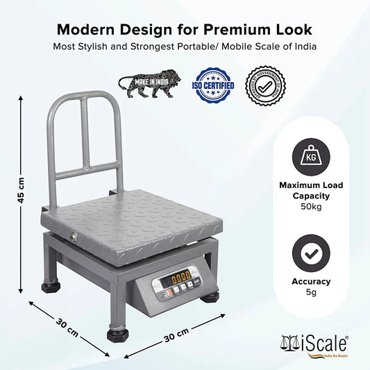 iScale i-21, 50kg x 5g commercial portable scale with stamp & certificate, 300x300mm MS Pan, Front & Back Red Display, Chargeable