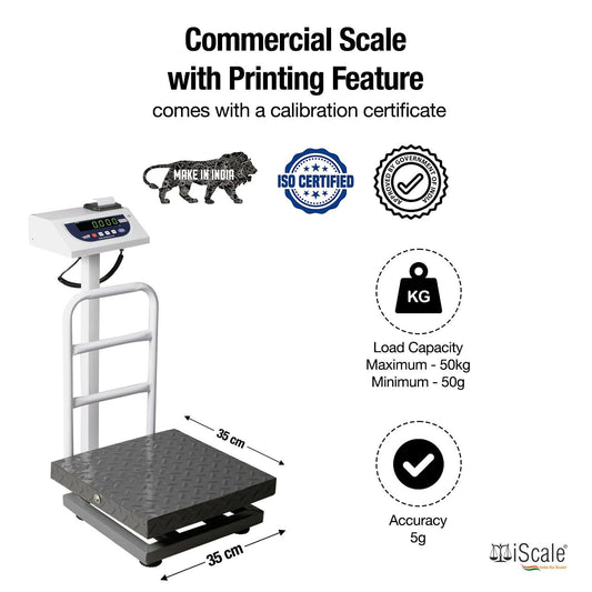 iScale P-50M: 50kg x 5g Commercial Scale with Weight Slip Printing by Built-in Thermal Printer, 350x350mm Mild Steel Chequered Platform, Calibration Certificate Included