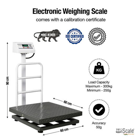iScale ISP-300M, 300kg x 50g platform scale, 600x600mm MS Pan, Front & Back Green Display, Chargeable