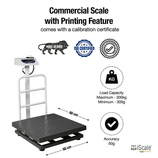 iScale P-300M: 300kg x 50g Commercial Scale with Weight Slip Printing by Built-in Thermal Printer, 600x600mm Mild Steel Chequered Platform, Calibration Certificate Included