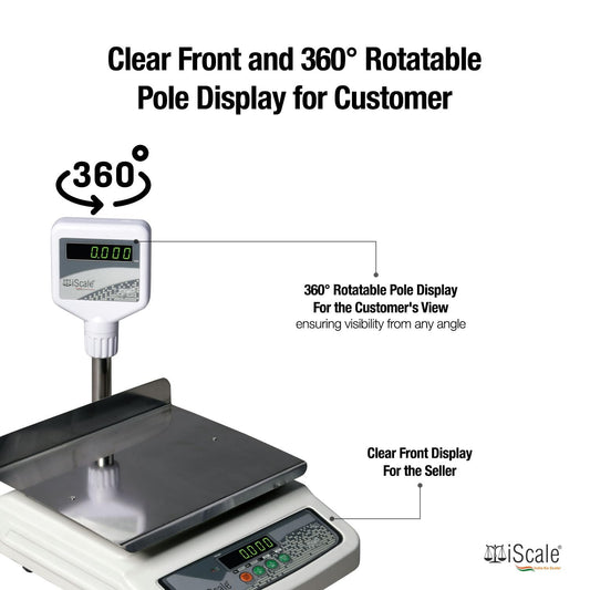iScale i-05L, 30kg x 1g commercial scale with stamp & certificate, 250x300mm SS Pan, Front & Pole Green Display, Rechargeable