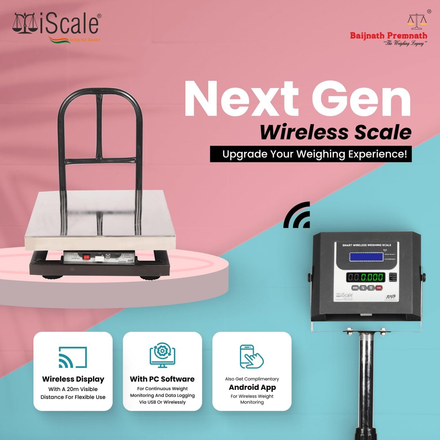 iScale W-100s Wireless Weighing Scale 100kg, 10g Accuracy | 400x400mm SS Platform | PC & Android App | OIML & ISO Certified | Maintenance-Free Weight Machine for Shop, Industrial & Commercial Use