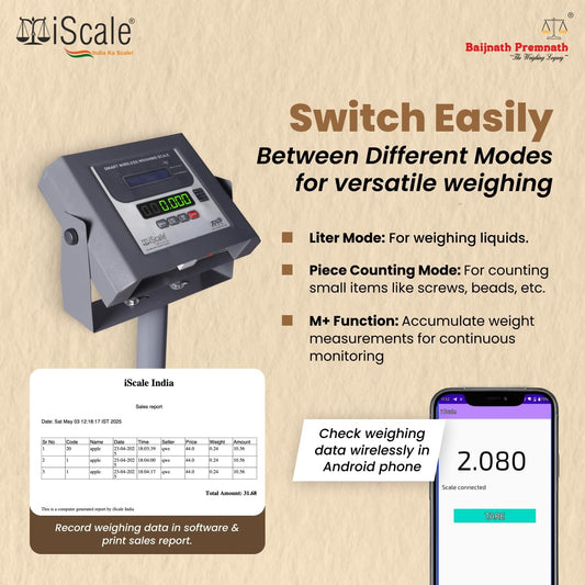iScale W-200s Wireless Weighing Scale 200kg, 20g Accuracy | 500x500mm SS Platform | PC & Android App | OIML & ISO Certified | Maintenance-Free Weight Machine for Shop, Industrial & Commercial Use