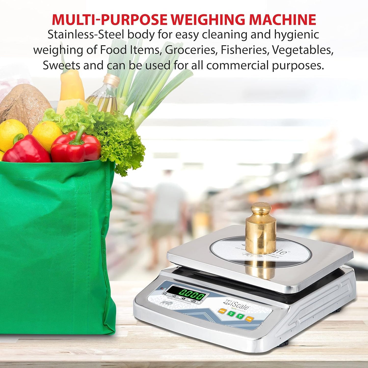 iScale i-07-Rs232, 30kg x 1g commercial scale with stamp & certificate, 250x300mm SS Pan, Front & Back Green Display, Rechargeable