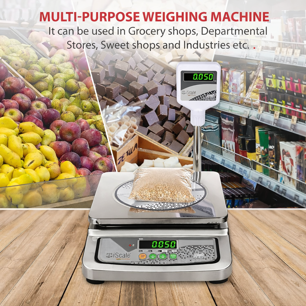 iScale i-07, 30kg x 1g commercial scale with stamp & certificate, 250x300mm SS Pan, Front & Back Green Display, Rechargeable