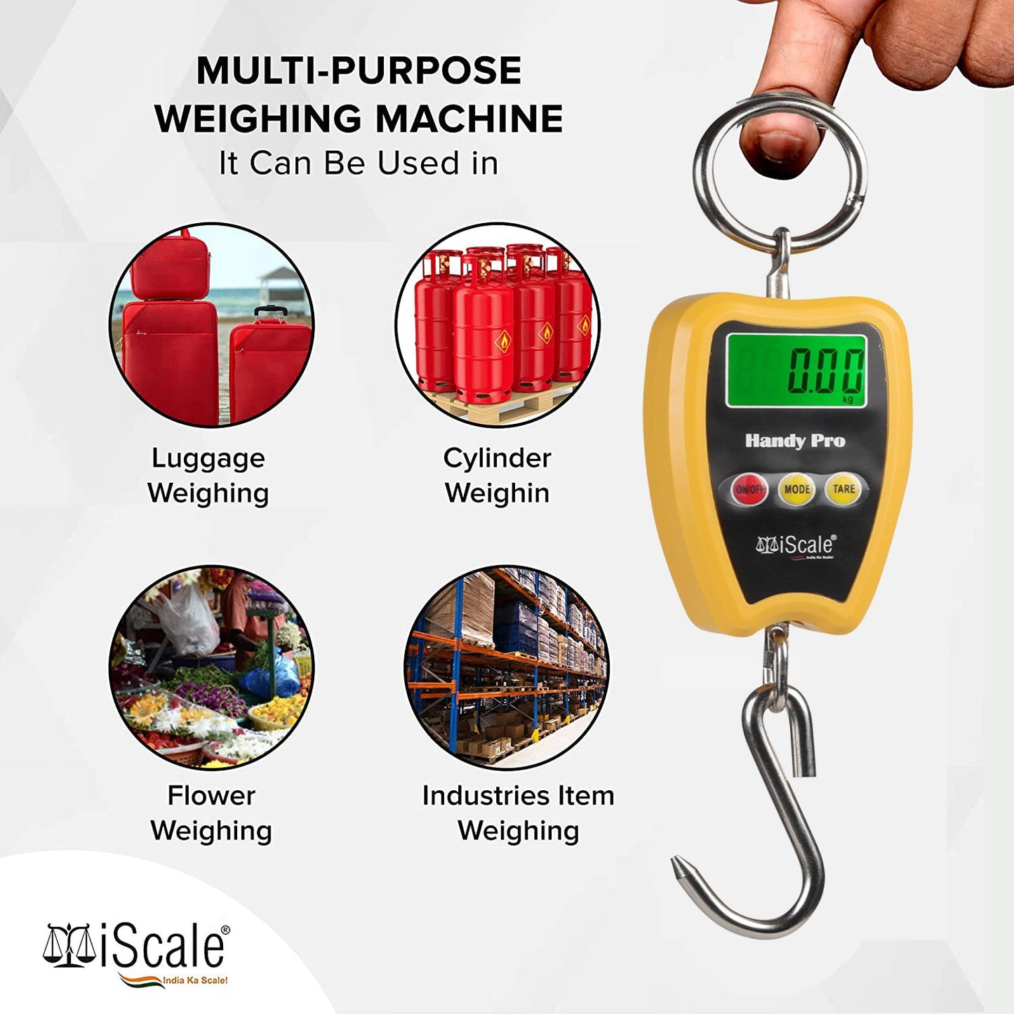 iScale Handy Pro 200kg x 50g Digital Portable Hanging Weighing Scale with Stainless Steel Hook for Industries, Cylinder, Fishing and Multipurpose Domestic Weighing Use(Not A Legal Scale for Commercial use)