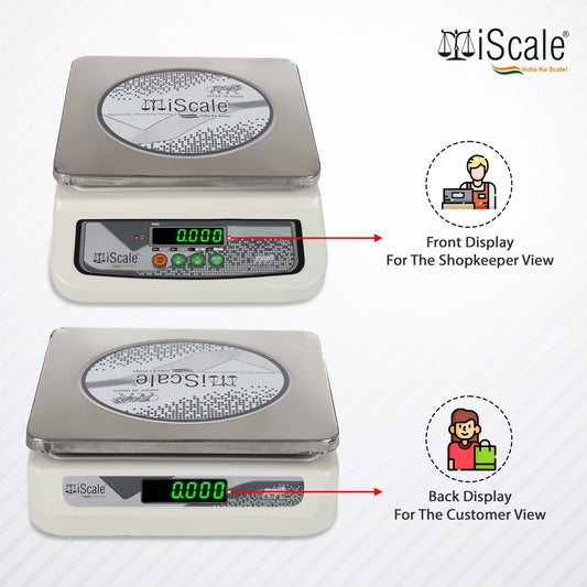iScale i-06, 30kg x 1g commercial scale with stamp & certificate, 250x300mm SS Pan, Front & Back Green Display, Rechargeable