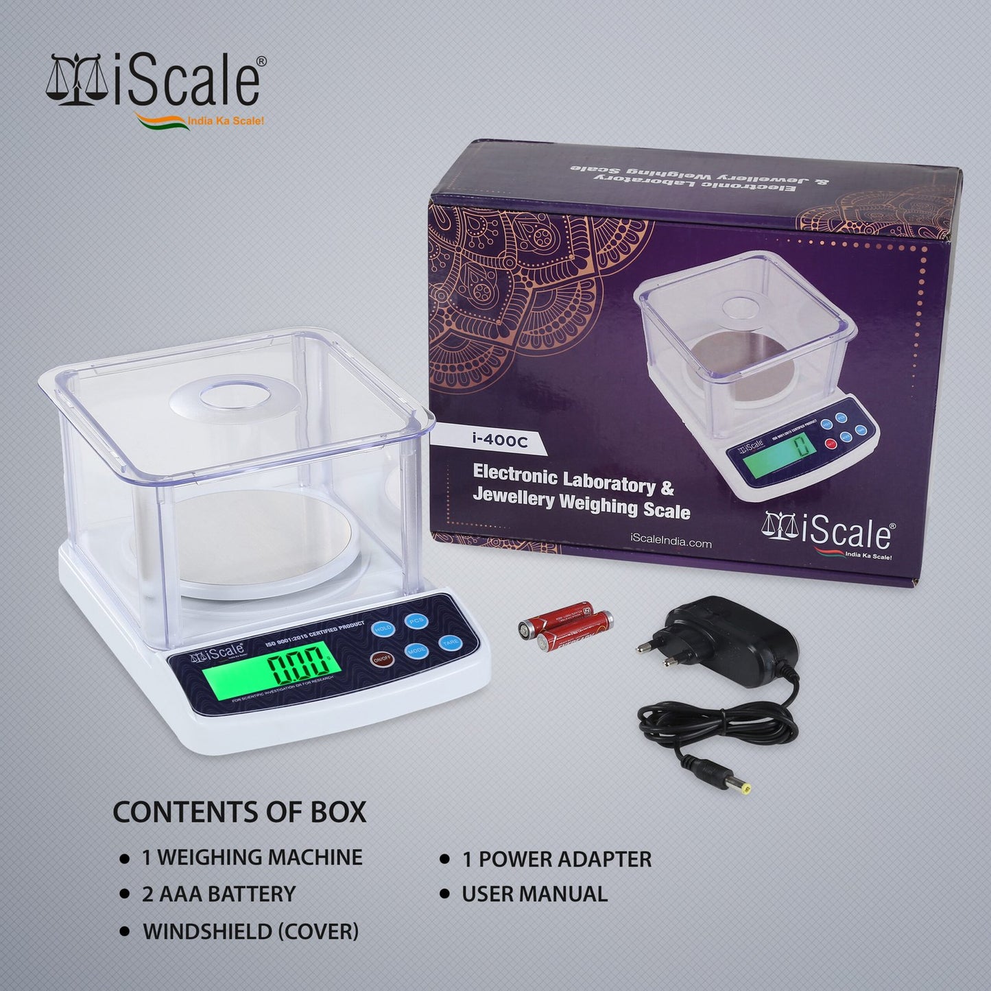 iScale i-400c Capacity 500g, Accuracy 10mg (0.01g) Analytical Balance for Labs and Gold Jewelry weighing with Windshield cover, Power Adapter & AAA Batteries (Domestic & Research Purpose)(Not A Legal Scale for Commercial use)
