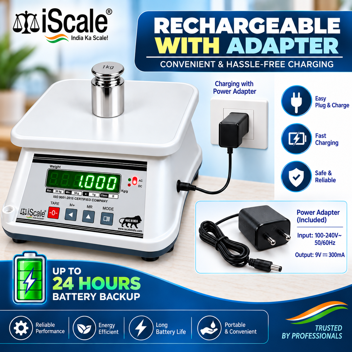 iScale i-09, 30kg x 1g with Stamp & Certificate, Also Useful for 5-10kg Weighing, 18x22cm, ABS Rust & Moisture Proof Body, Digital Weighing Scale for Kitchen, Shop & Industry