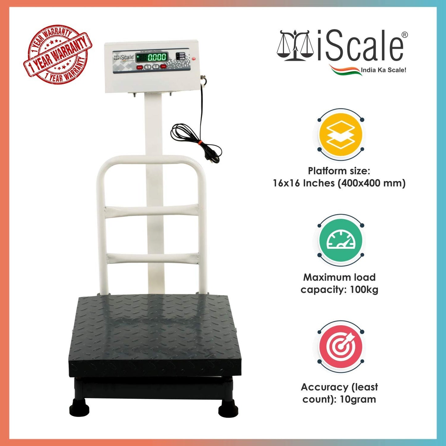 iScale ISP-100M Capacity 100kg x 10g Accuracy,Electronic Weighing Scale with Front Back Double Display, MS Pan,16x16" with RS232 Serial port for computer connectivity & continues data transmission