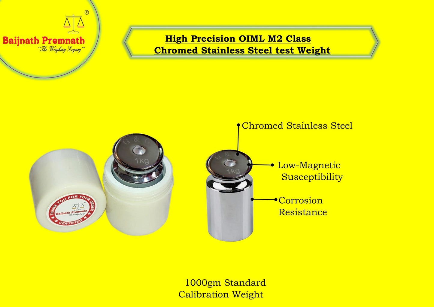 Baijnath Premnath 1000g (1kg) OIML M2 Class Stainless Steel Standard Test weight for Testing & Calibration with NABL Certificate, Precision 160mg with ABS container