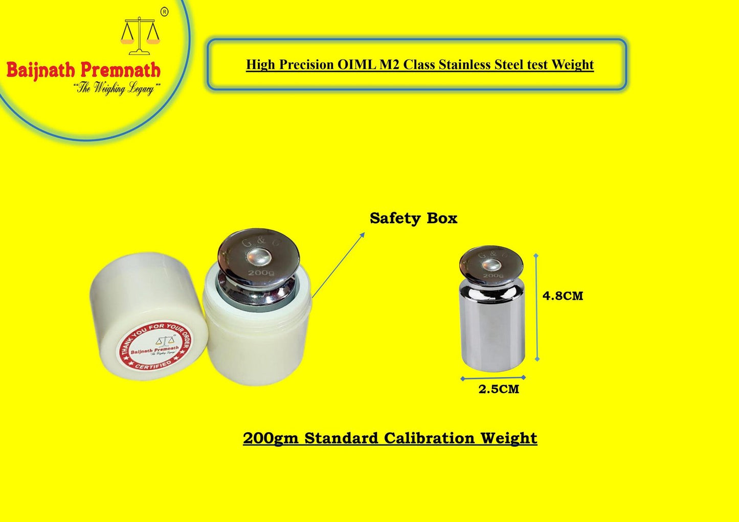 Baijnath Premnath 200g OIML M2 Class Stainless Steel Standard Test weight for Testing & Calibration with NABL Certificate, Precision 30mg with ABS container