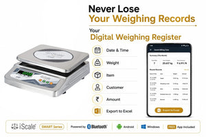 iScale S-07 30kg x 1g Smart Bluetooth Scale | Stamp & Certificate | 250x300mm SS Pan | Free Android & Windows Weight Recording App | Front & Back Green Display