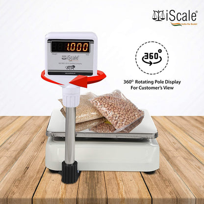 iScale i-01, 30kg x 1g commercial scale with stamp & certificate, 250x300mm SS Pan, Front & pole red Display, Chargeable