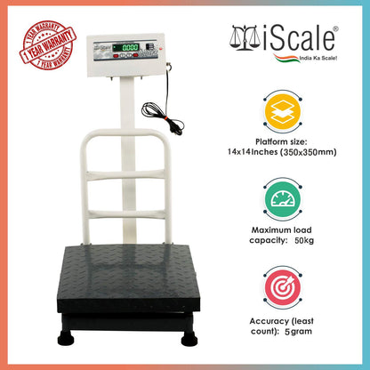 iScale ISP-50M, 50kg x5g platform scale, 350x350mm MS Pan, Front & Back Green Display, Chargeable