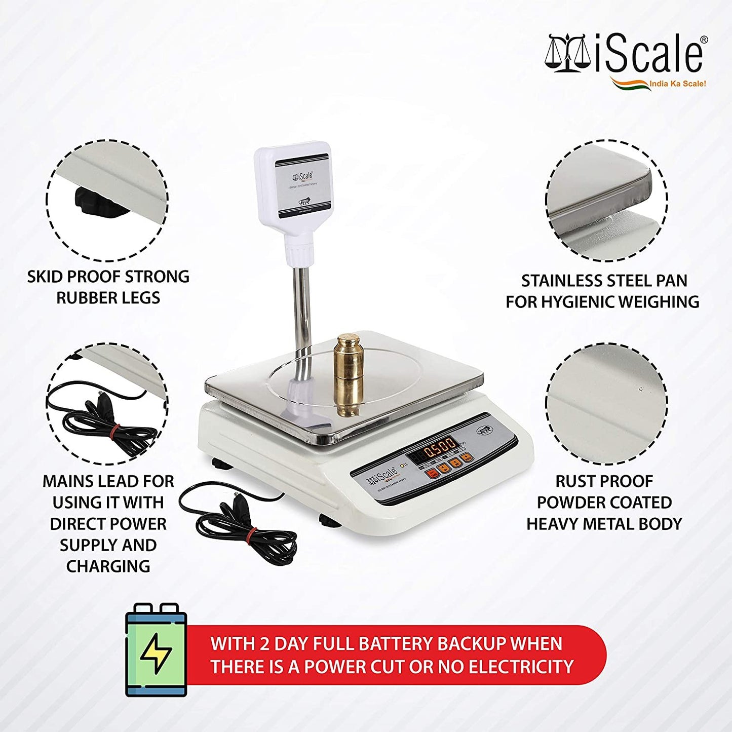 iScale i-01, 30kg x 1g commercial scale with stamp & certificate, 250x300mm SS Pan, Front & pole red Display, Chargeable