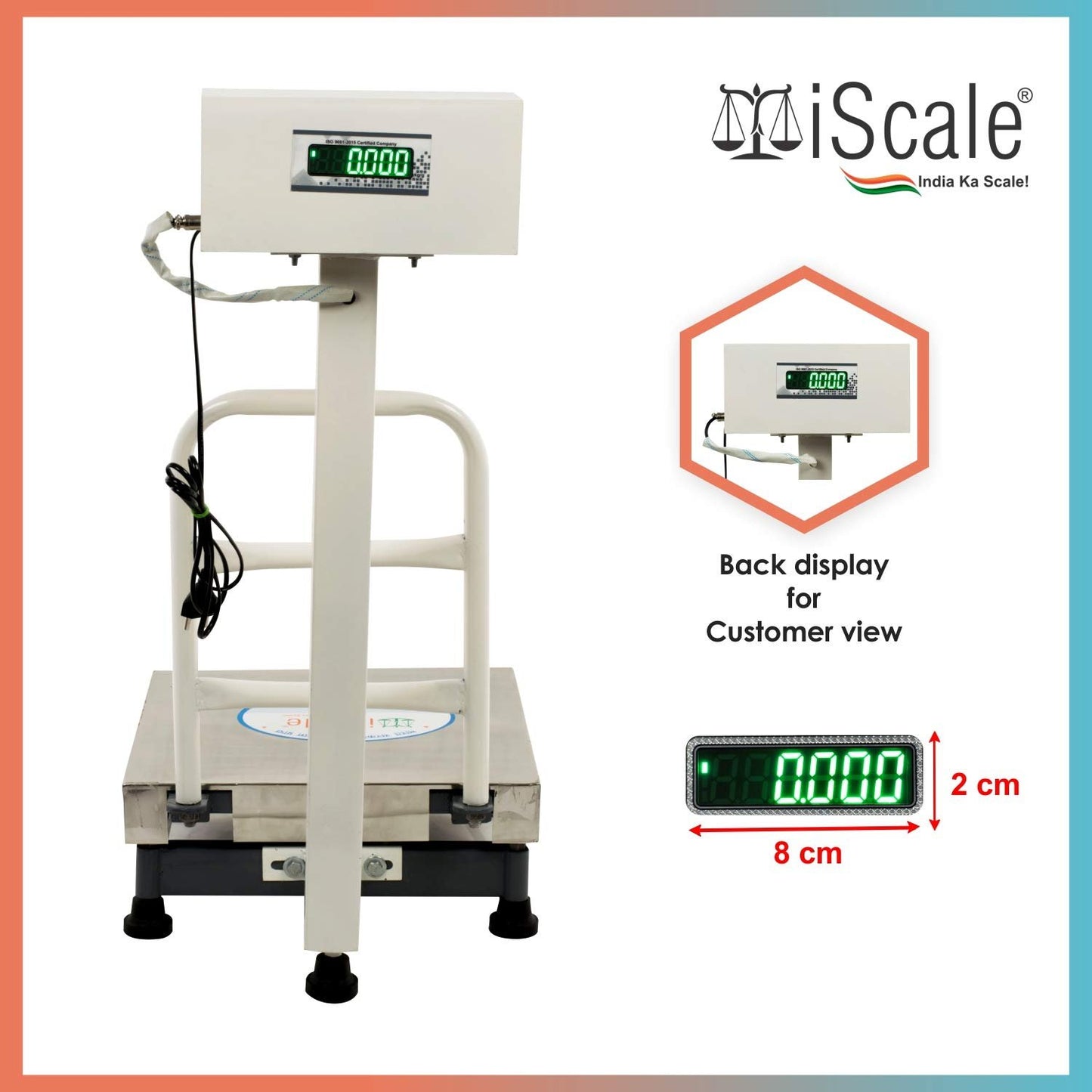 iScale ISP-100S-RS232, 100kg x 10g Accuracy,Electronic Weighing Scale with Front Back Double Display, SS Pan,16x16" with RS232 Serial port for computer connectivity & continues data transmission