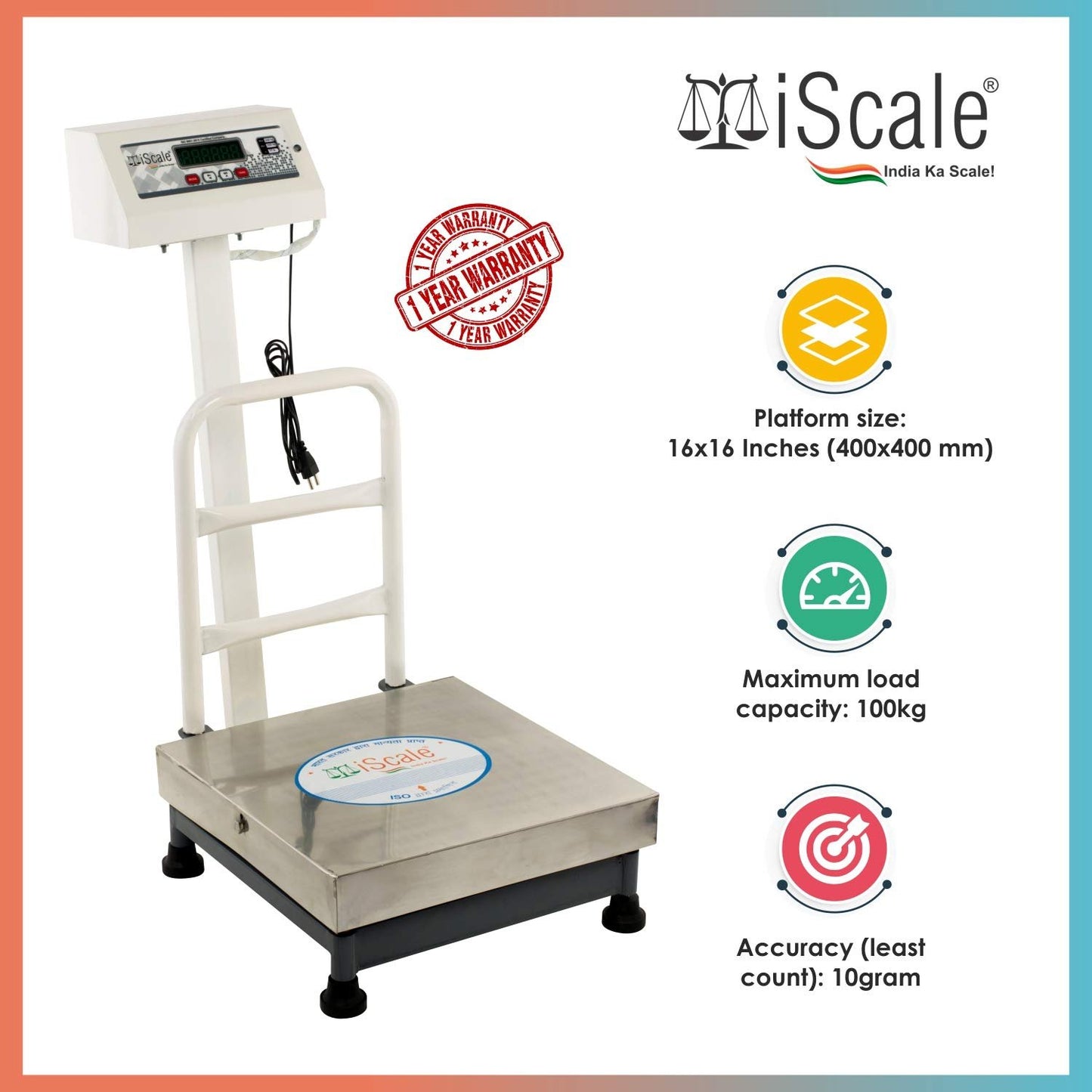 iScale ISP-100S-RS232, 100kg x 10g Accuracy,Electronic Weighing Scale with Front Back Double Display, SS Pan,16x16" with RS232 Serial port for computer connectivity & continues data transmission
