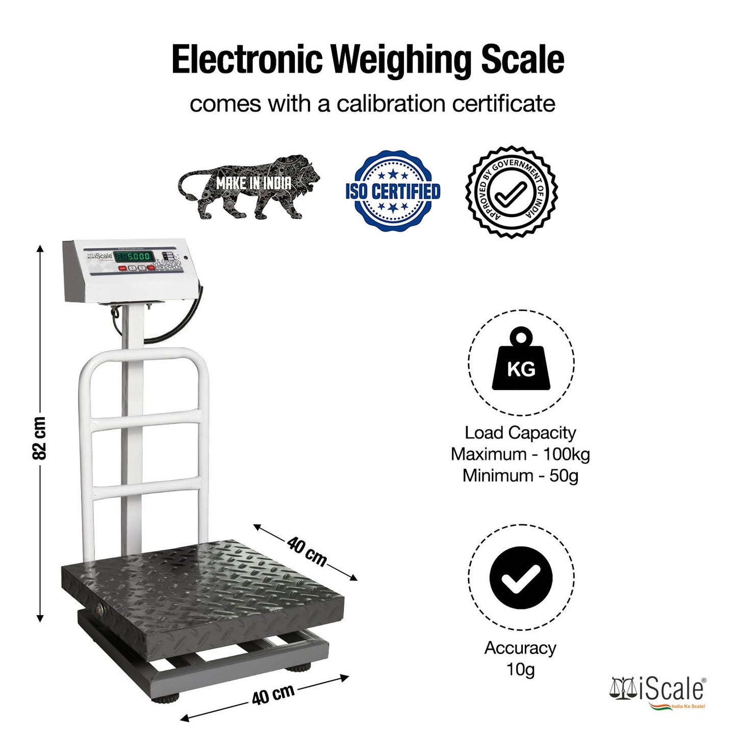 iScale ISP-100M, 100kg x 10g platform scale, 400x400mm MS Pan, Front & Back Green Display, Chargeable