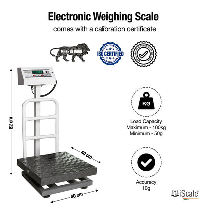 iScale ISP-100M, 100kg x 10g platform scale, 400x400mm MS Pan, Front & Back Green Display, Chargeable