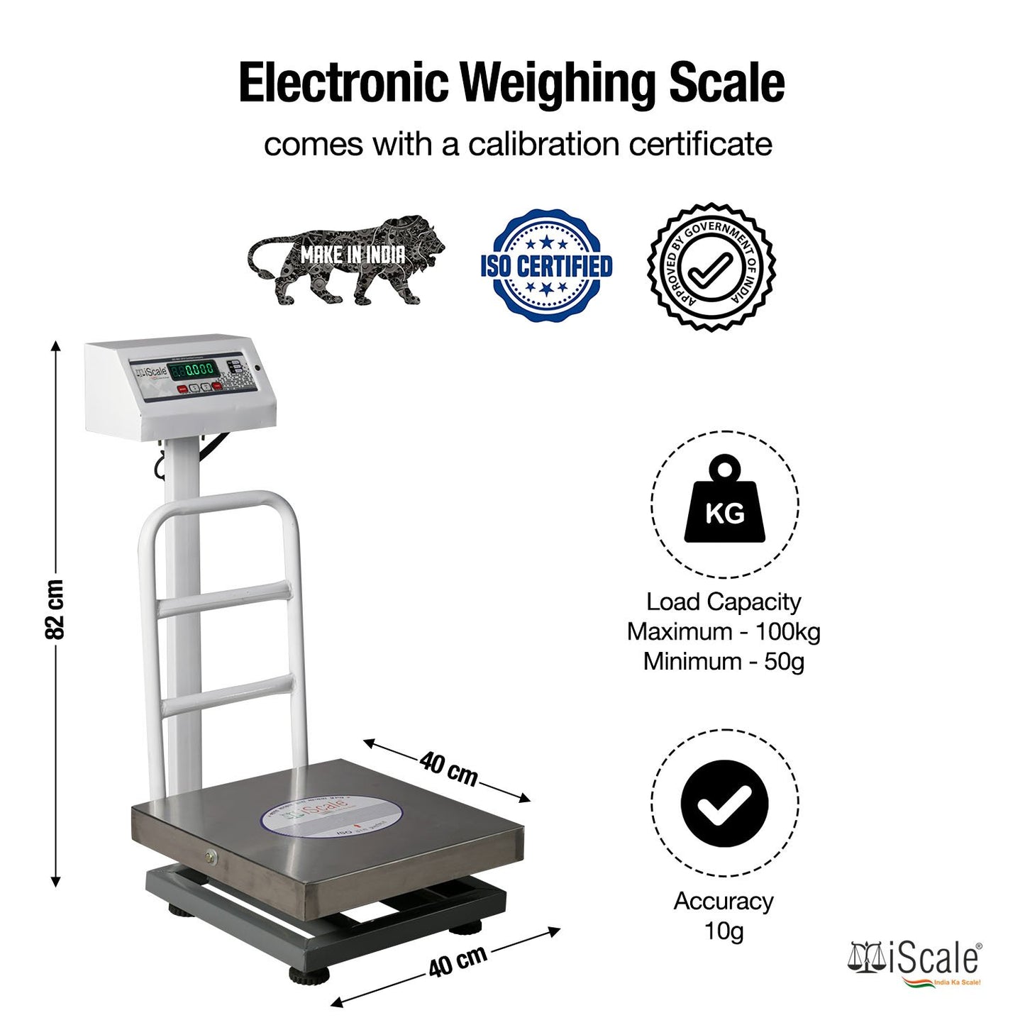 iScale ISP-100S, 100kg x 10g platform scale, 400x400mm SS Pan, Front & Back Green Display, Chargeable