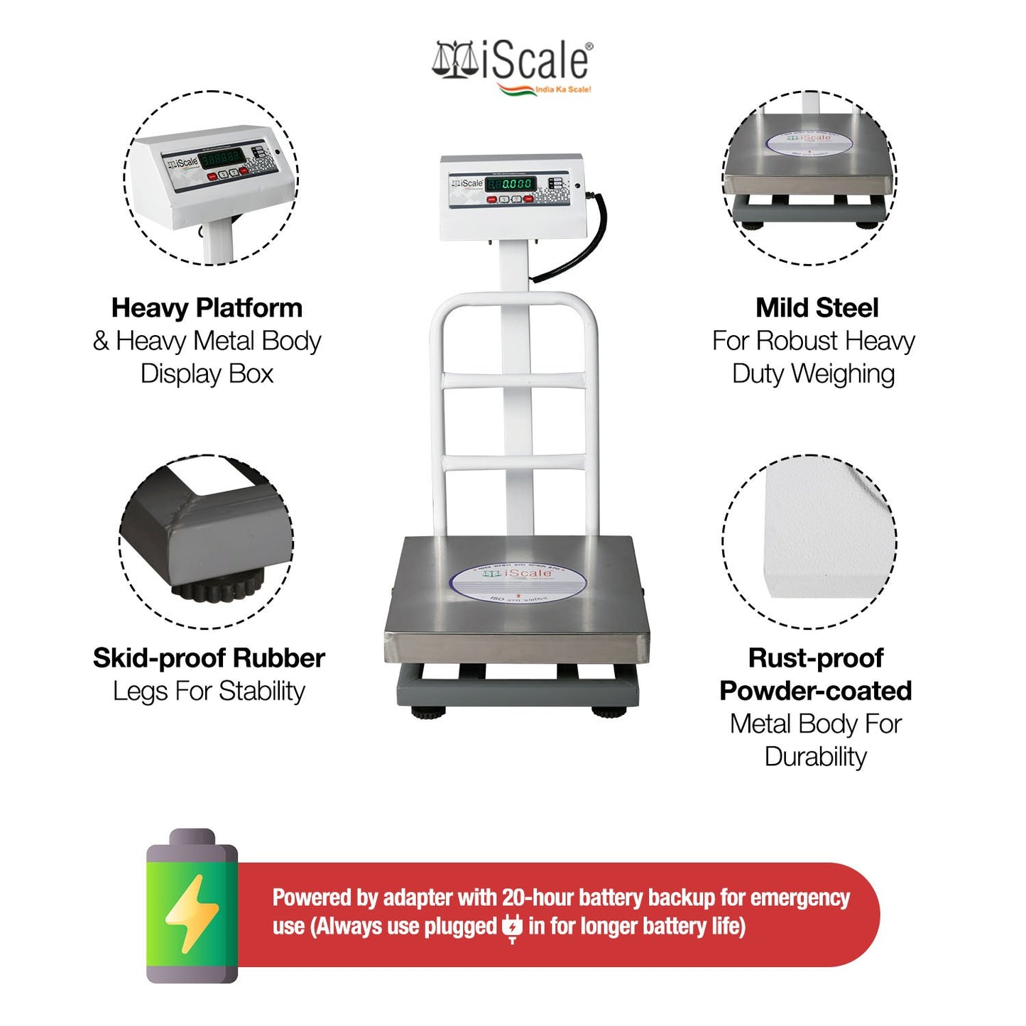 iScale ISP-100S, 100kg x 10g platform scale, 400x400mm SS Pan, Front & Back Green Display, Chargeable