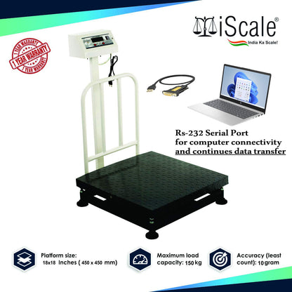iScale ISP-150M Capacity 150kg x 20g Accuracy,Electronic Weighing Scale with Front Back Double Display, MS Pan,18x18" with RS232 Serial port for computer connectivity & continues data transmission