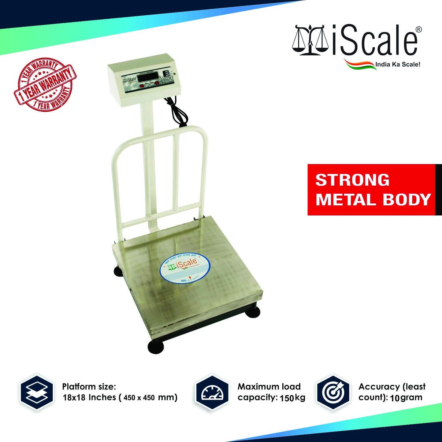 iScale ISP-150S Capacity 150kg x 20g Accuracy,Electronic Weighing Scale with Front Back Double Display, SS Pan,18x18" with RS232 Serial port for computer connectivity & continues data transmission