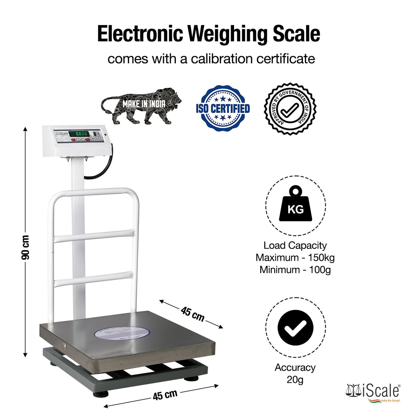 iScale ISP-150S, 150kg x 20g platform scale, 450x450mm SS Pan, Front & Back Green Display, Chargeable