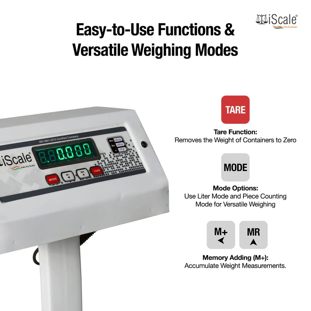 iScale ISP-1000M, 1000kg x 100g/ 500kgX50g platform scale, 750x750mm MS Pan, Front & Back Green Display, Chargeable