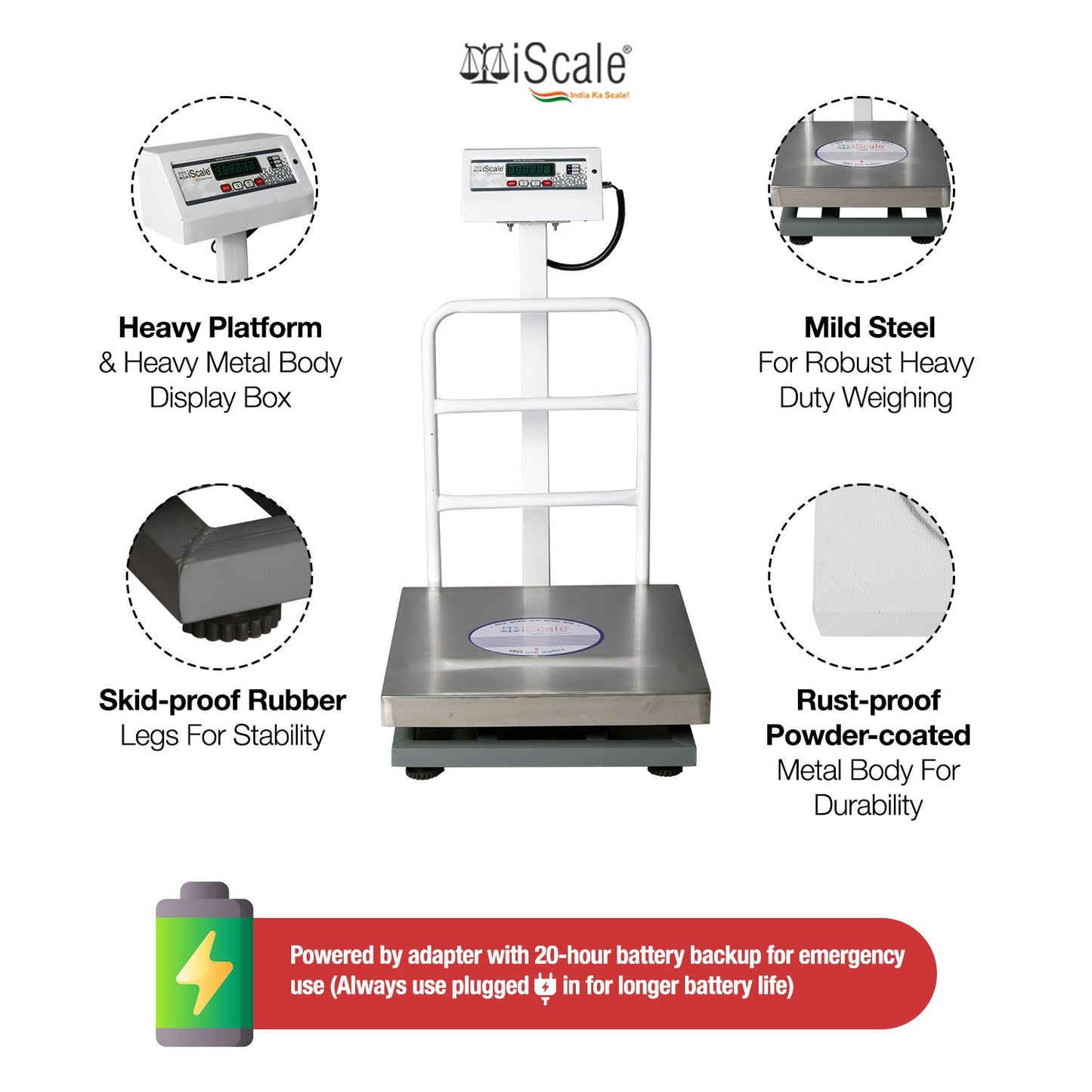 iScale ISP-150S, 150kg x 20g platform scale, 450x450mm SS Pan, Front & Back Green Display, Chargeable