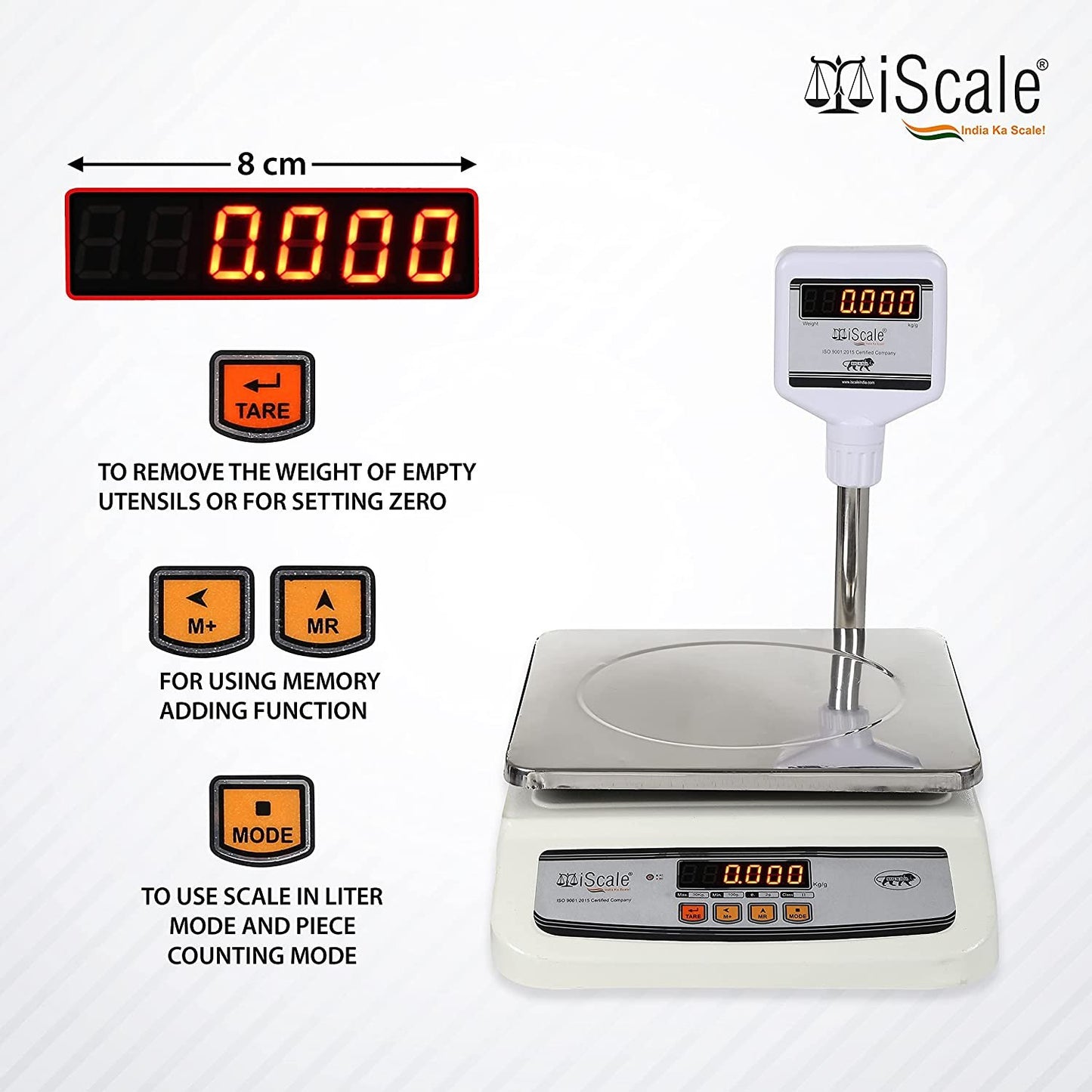 iScale i-01, 30kg x 1g commercial scale with stamp & certificate, 250x300mm SS Pan, Front & pole red Display, Chargeable