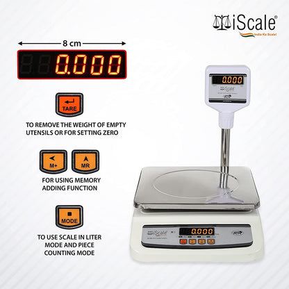 iScale i-01, 30kg x 1g commercial scale with stamp & certificate, 250x300mm SS Pan, Front & pole red Display, Chargeable