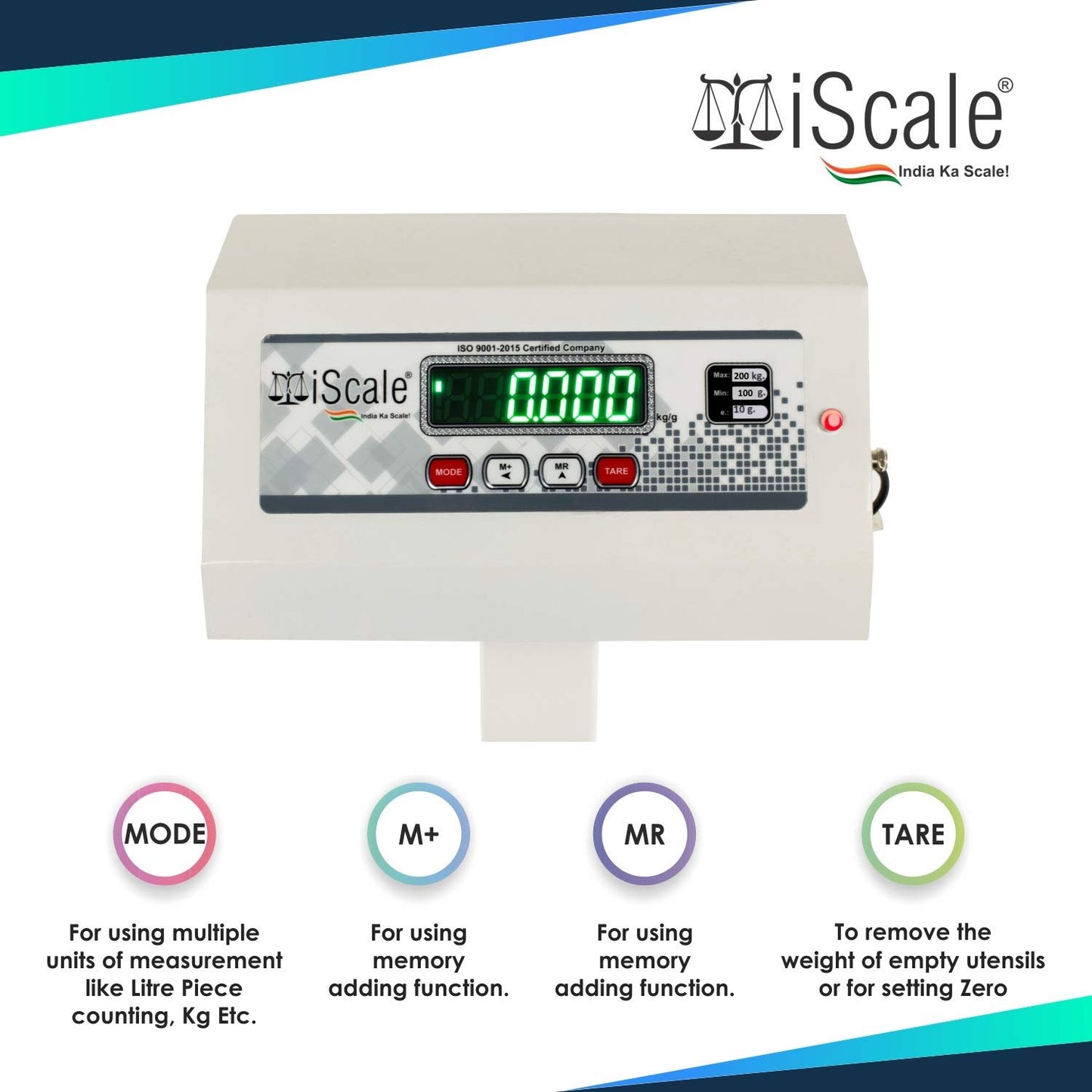 iScale ISP-200M Capacity 200kg x 20g Accuracy,Electronic Weighing Scale with Front Back Double Display, MS Pan,20x20" with RS232 Serial port for computer connectivity & continues data transmission