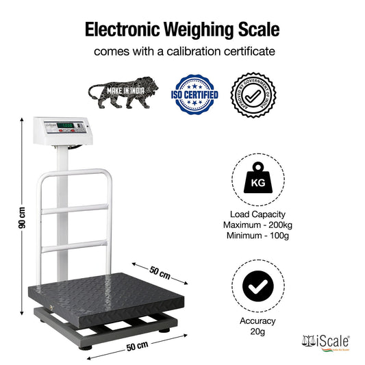iScale ISP-200M, 200kg x 20g platform scale, 500x500mm MS Pan, Front & Back Green Display, Chargeable