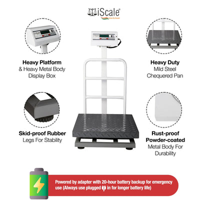 iScale ISP-200M, 200kg x 20g platform scale, 500x500mm MS Pan, Front & Back Green Display, Chargeable