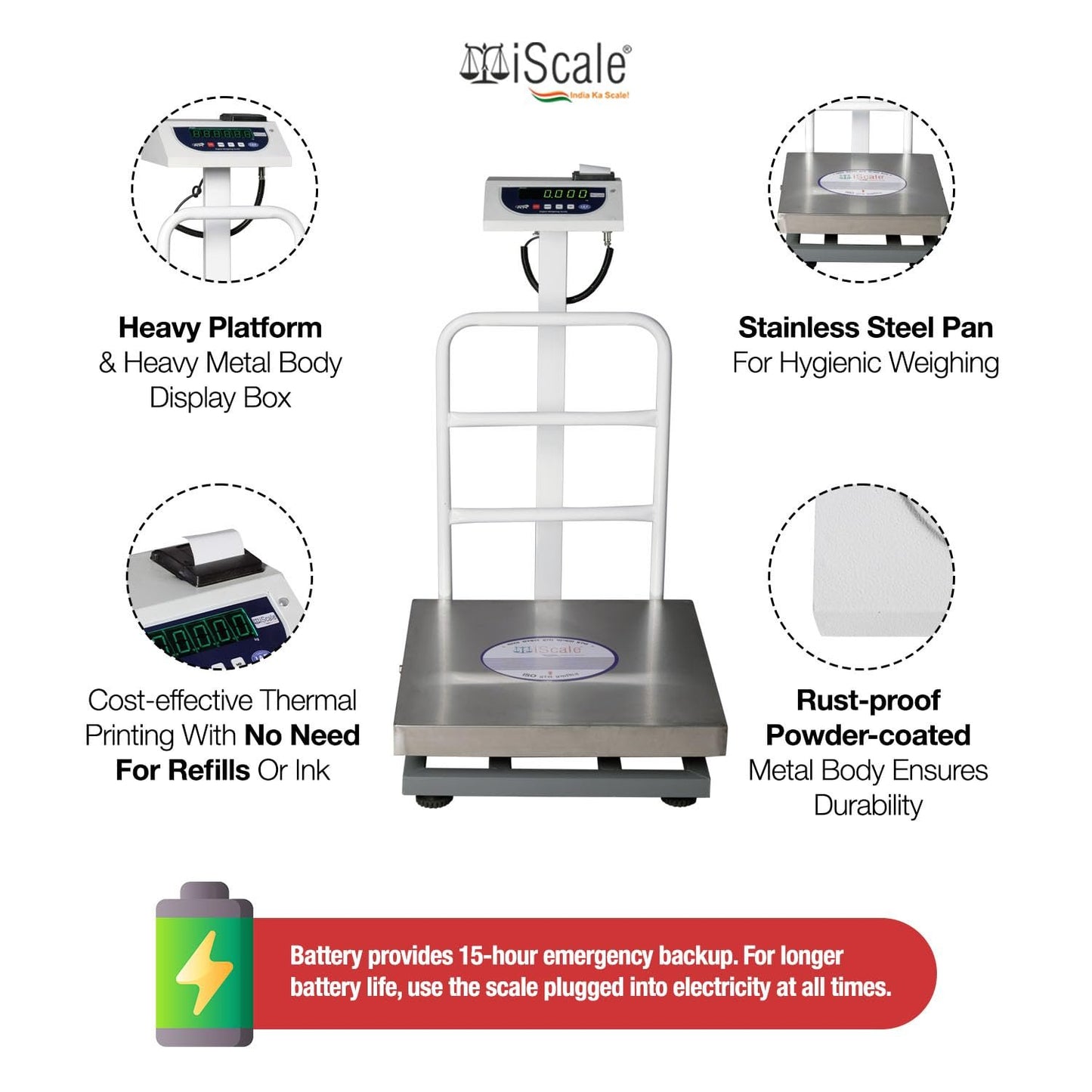 iScale P-500S: 500kg x 50g Commercial Scale with Weight Slip Printing by Built-in Thermal Printer, 600x600mm Stainless Steel Platform, Calibration Certificate Included