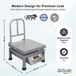 iScale i-21, 50kg x 5g commercial portable scale with stamp & certificate, 300x300mm MS Pan, Front & Back Red Display, Chargeable