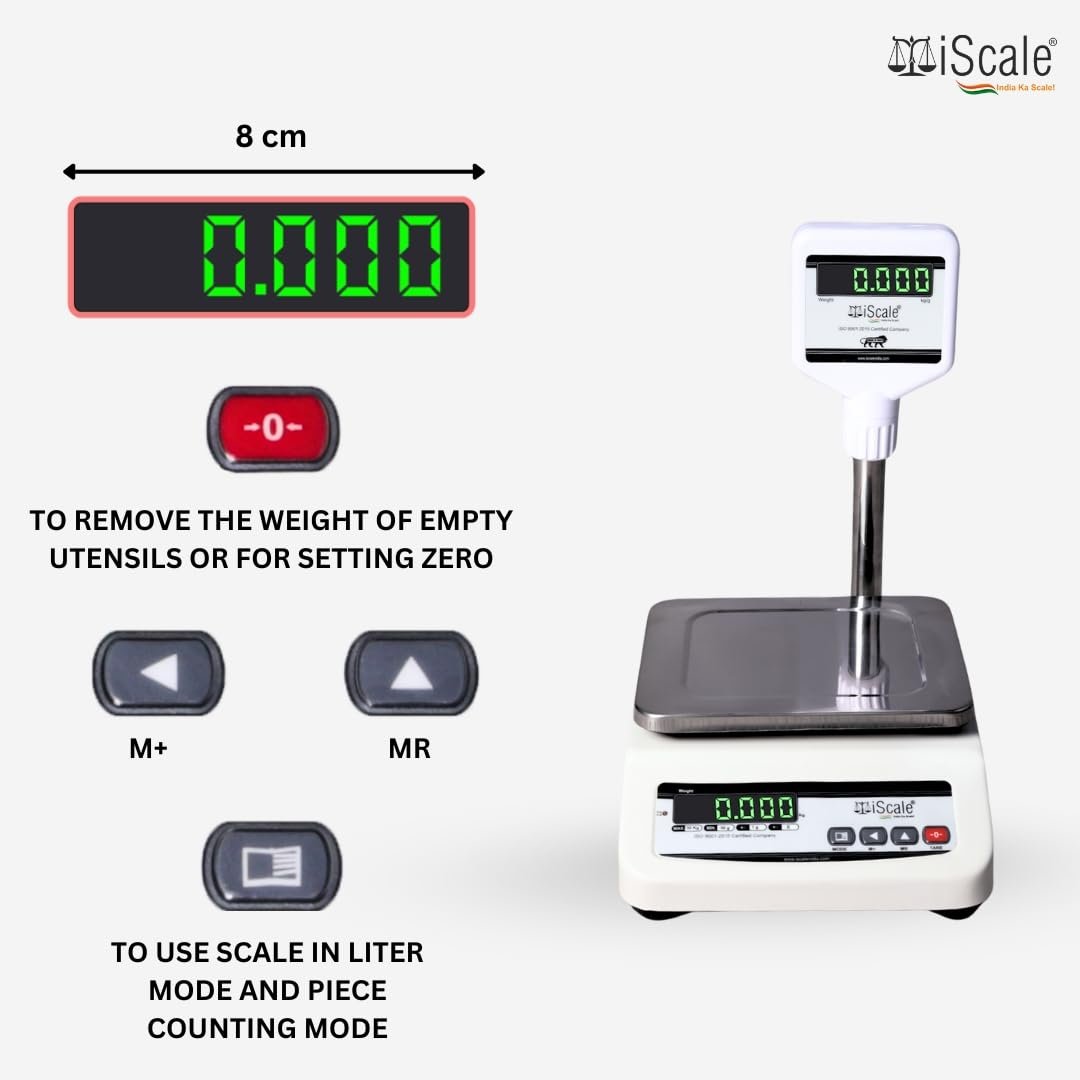 iScale i-04P, 30kg x 1g commercial scale with stamp & certificate, 175x225mm SS Pan, Front & Back Green Display, Rechargeable