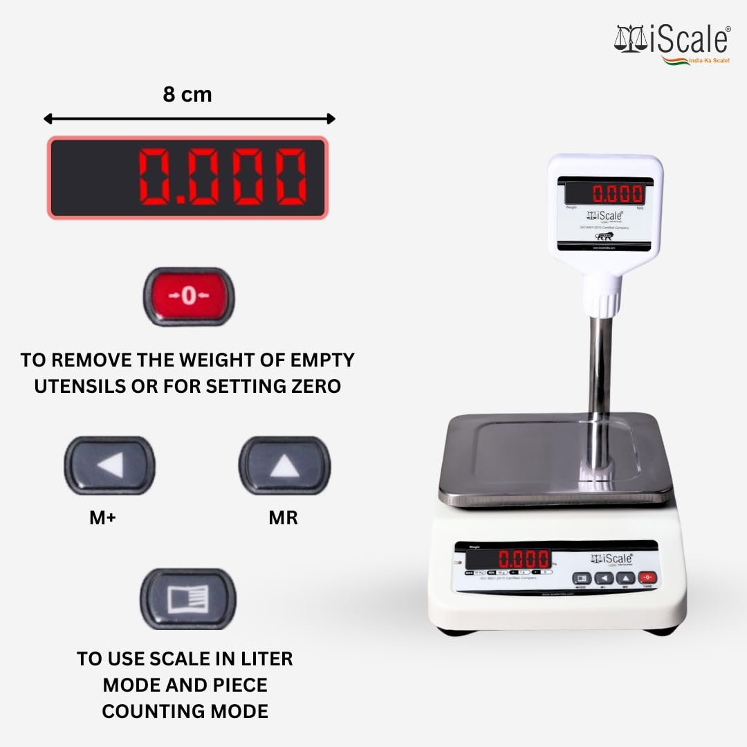 iScale i-03P, 30kg x 1g commercial scale with stamp & certificate, 175x225mm SS Pan, Front & Pole Green Display, Rechargeable