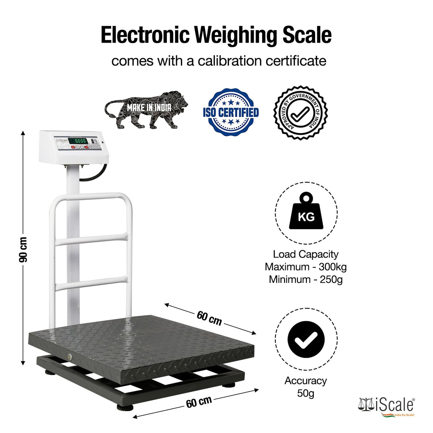 iScale ISP-300M, 300kg x 50g platform scale, 600x600mm MS Pan, Front & Back Green Display, Chargeable