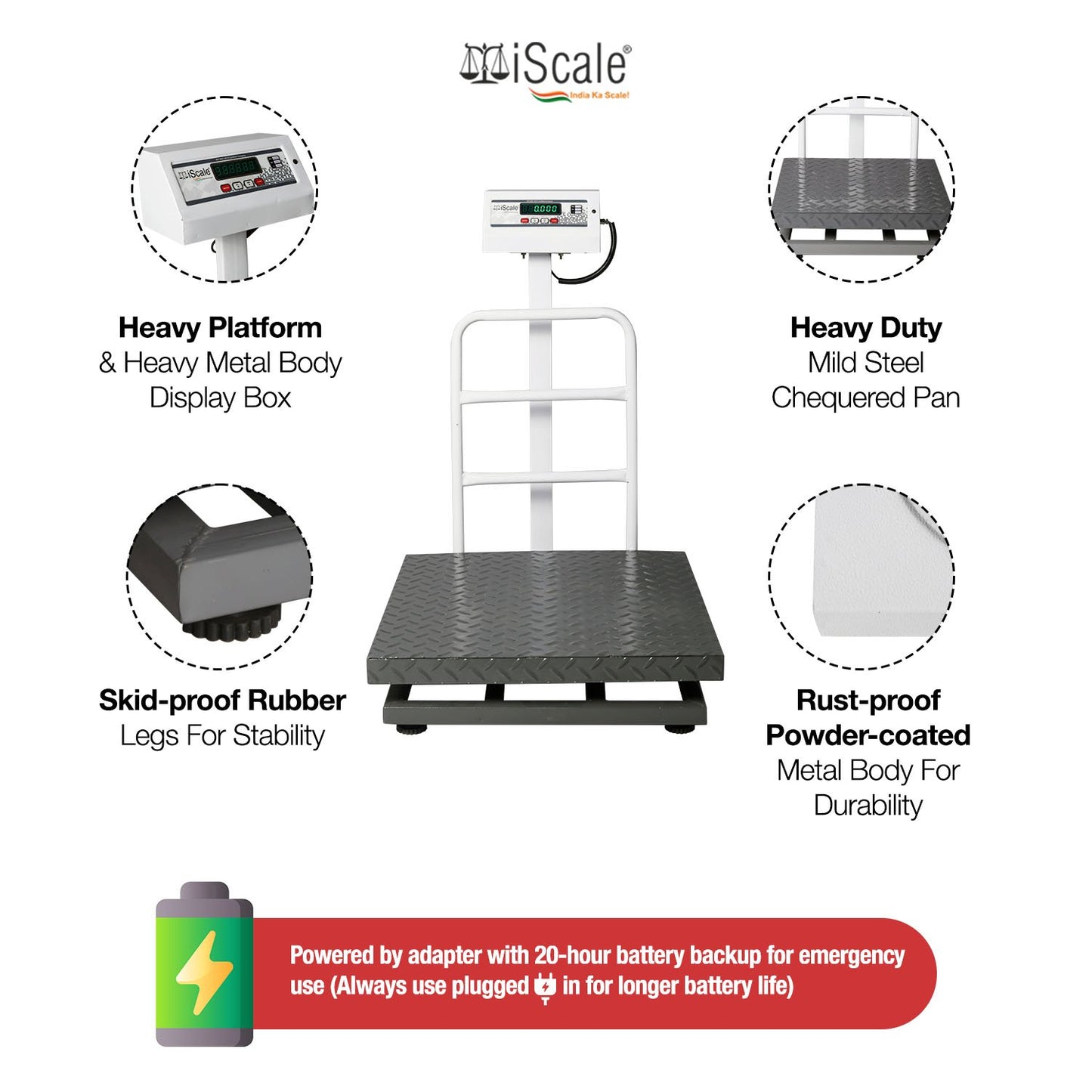 iScale ISP-300M, 300kg x 50g platform scale, 600x600mm MS Pan, Front & Back Green Display, Chargeable
