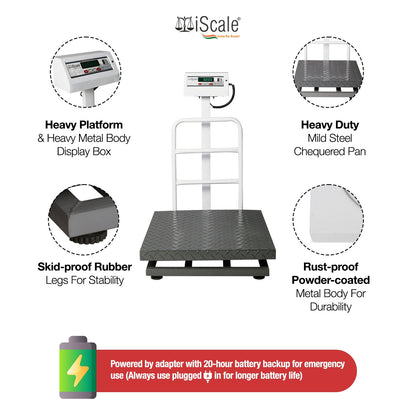 iScale ISP-300M, 300kg x 50g platform scale, 600x600mm MS Pan, Front & Back Green Display, Chargeable