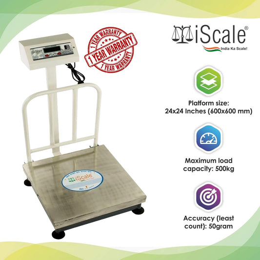 iScale ISP-500S 500kg x 20g platform scale, 600x600mm MS Pan, Front & Back Green Display, Chargeable