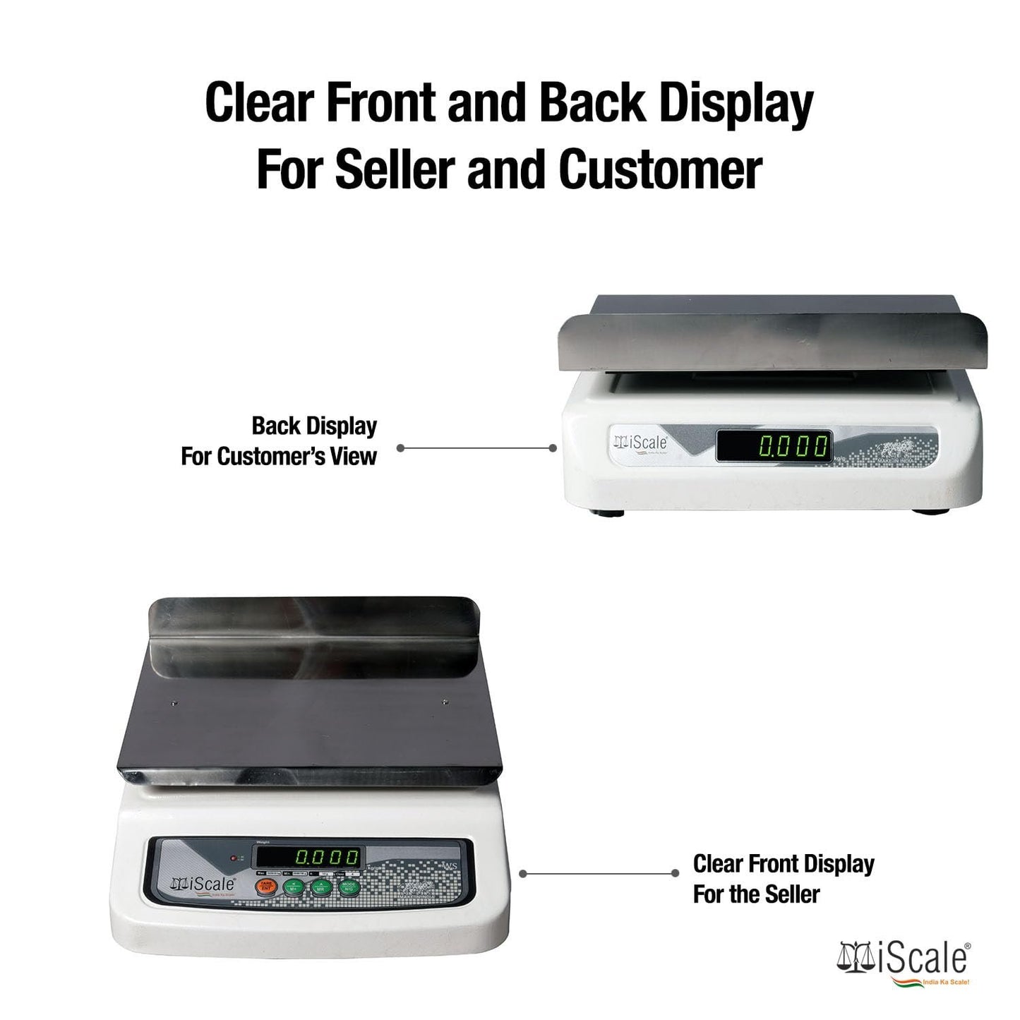 iScale i-06L, 30kg x 1g commercial scale with stamp & certificate, 250x300mm SS Pan, Front & Back Green Display, Rechargeable