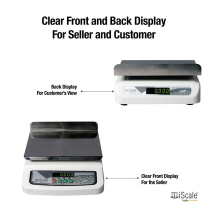 iScale i-06L, 30kg x 1g commercial scale with stamp & certificate, 250x300mm SS Pan, Front & Back Green Display, Rechargeable