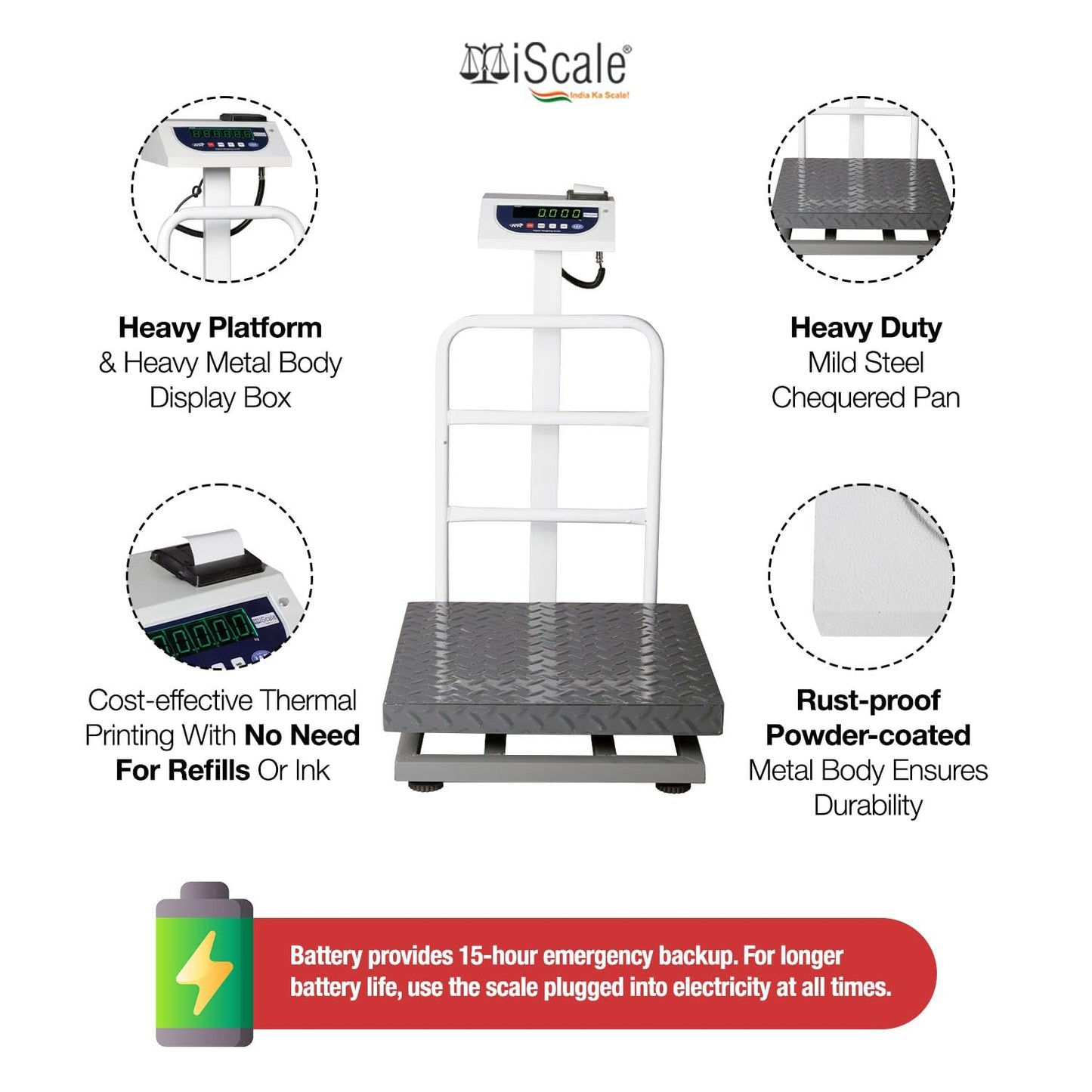 iScale P-200M: 200kg x 20g Commercial Scale with Weight Slip Printing by Built-in Thermal Printer, 500x500mm Mild Steel Chequered Platform, Calibration Certificate Included