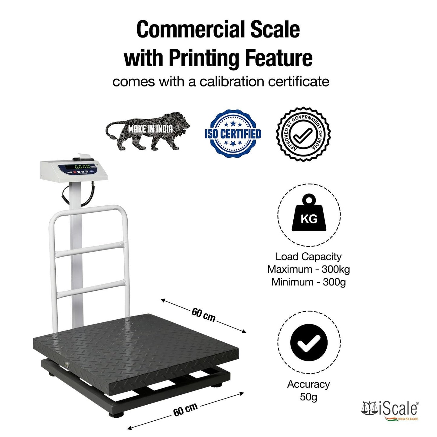 iScale P-300M: 300kg x 50g Commercial Scale with Weight Slip Printing by Built-in Thermal Printer, 600x600mm Mild Steel Chequered Platform, Calibration Certificate Included